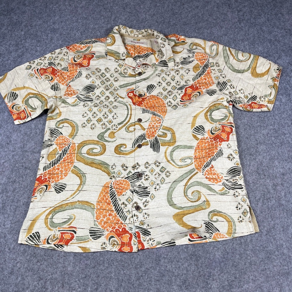 Tommy Bahama Silk Koi Fish Camp Shirt Mens Large Short Sleeve Cream Orange